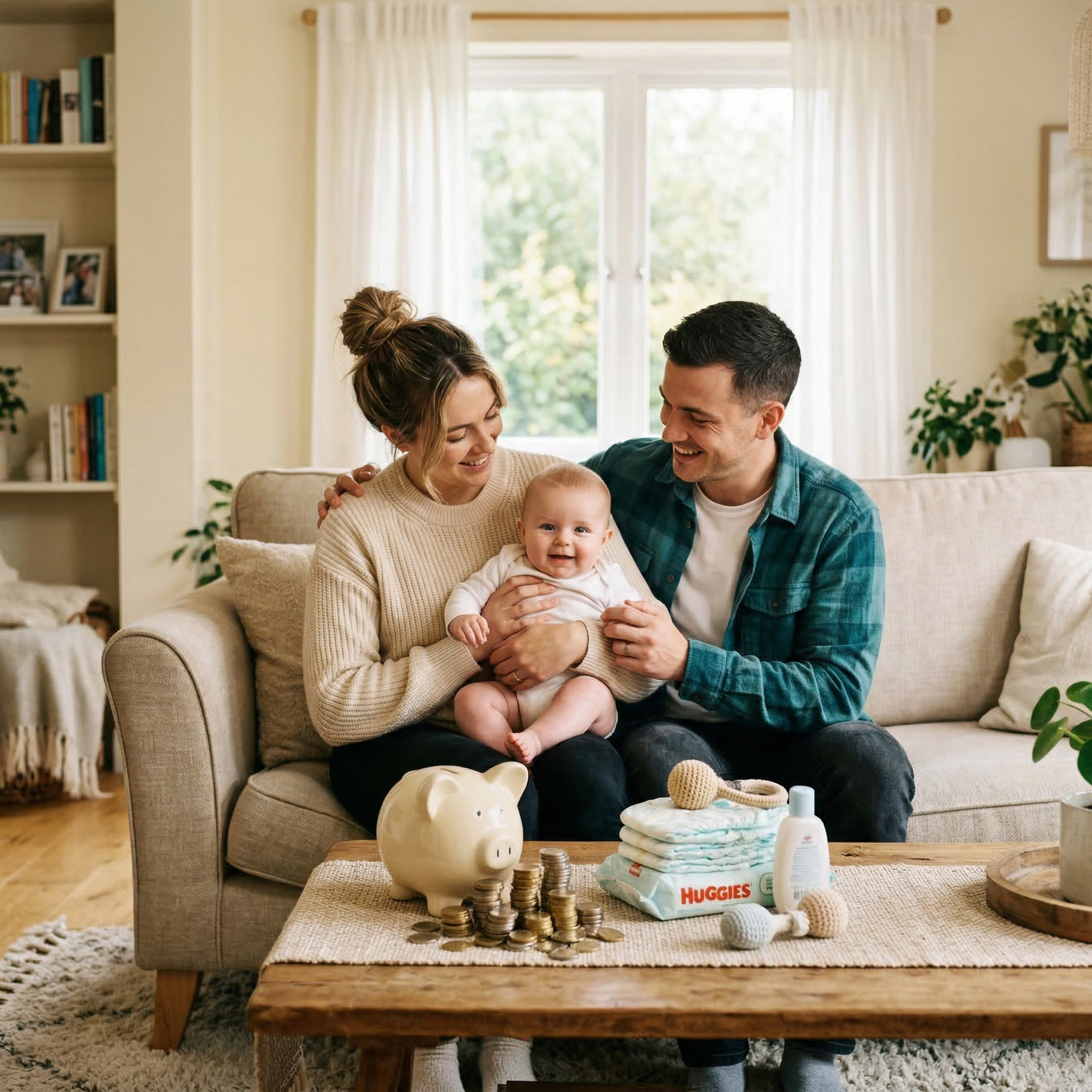 Family in a comfortable home with baby, representing the savings and value