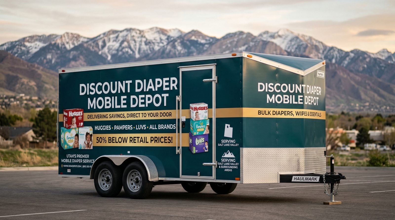 Mobile Discount Diaper Depot trailer hero angle with Utah mountains