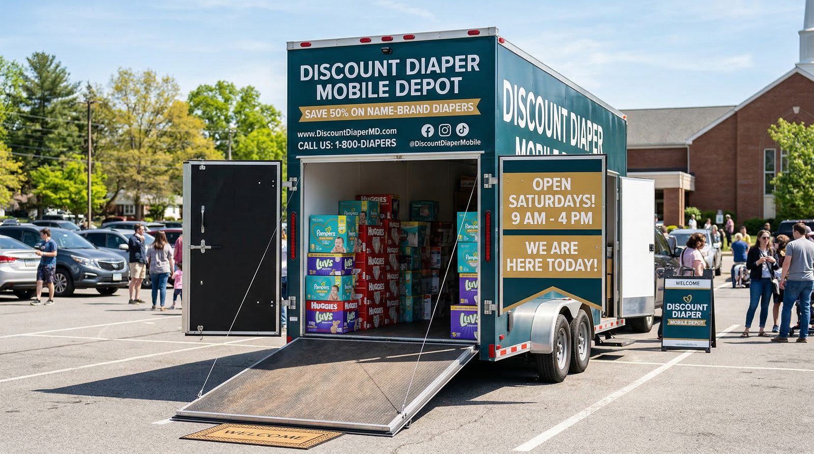 Mobile Discount Diaper Depot trailer rear view with doors open showing stocked diapers